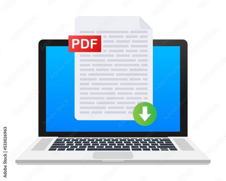Download PDF button on laptop screen. Downloading document concept. File with PDF label and down arrow sign.  illustration.